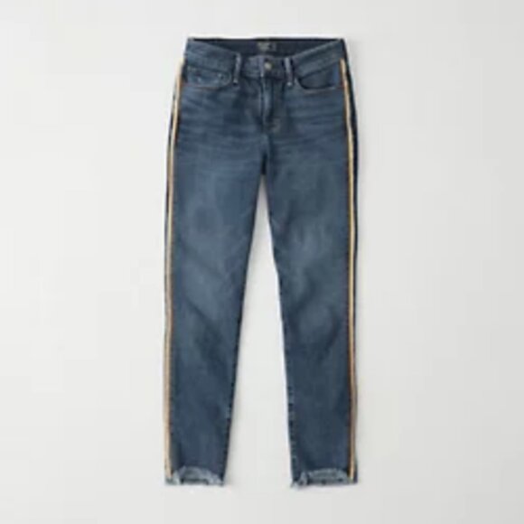 Abercrombie Harper Low Rise Ankle Jeans Denim 26 2R Blue Tan Gold Stripe Raw Hem - Picture 1 of 4
